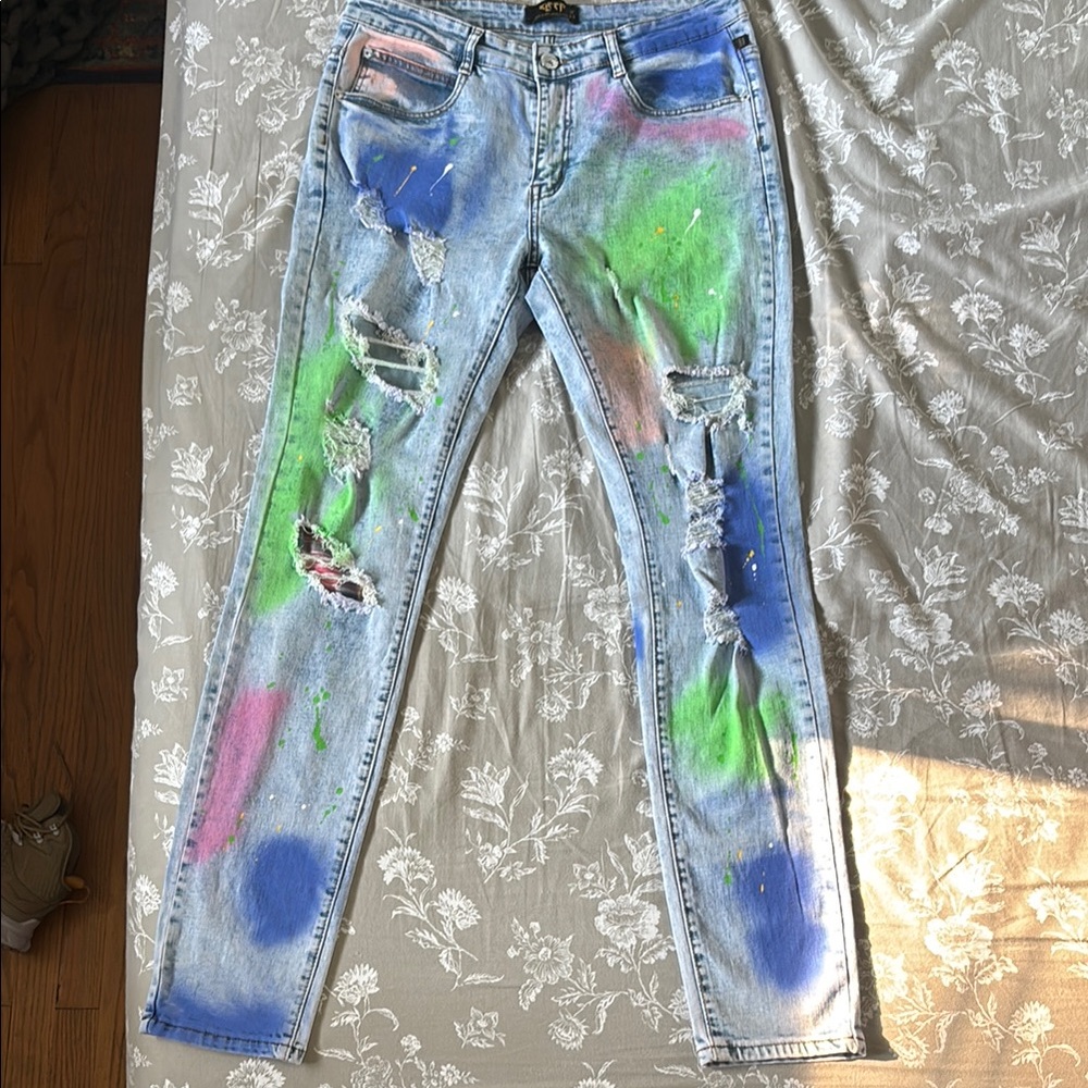 Off-White Blue and Green Skinny Jeans with Distressed Design